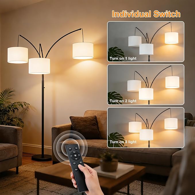 80 Inch Arc Floor Lamp for Bedroom, 3-Light Dimmable Standing Lamp for Living Room, 2400LM Super Bright Tree Lamp with Remote Control, Tall Floor Lamp for Office with Adjustable Arms & Weighted Base
