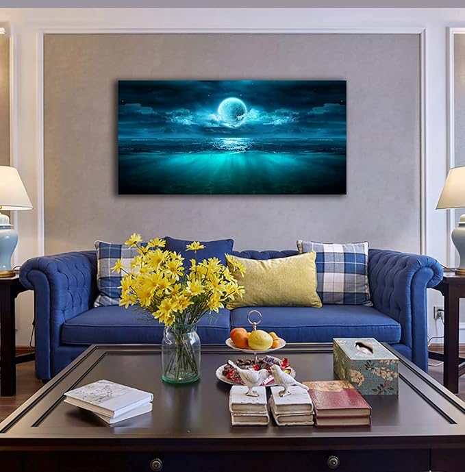 Full Moon Ocean Waves Wall Art Moon Night Canvas Pictures Dark Teal Blue Seascape Canvas Art Landscape Prints Artwork for Living Room Bedroom Bathroom Ofiice Kitchen Home Wall Decoration 20" x 40"