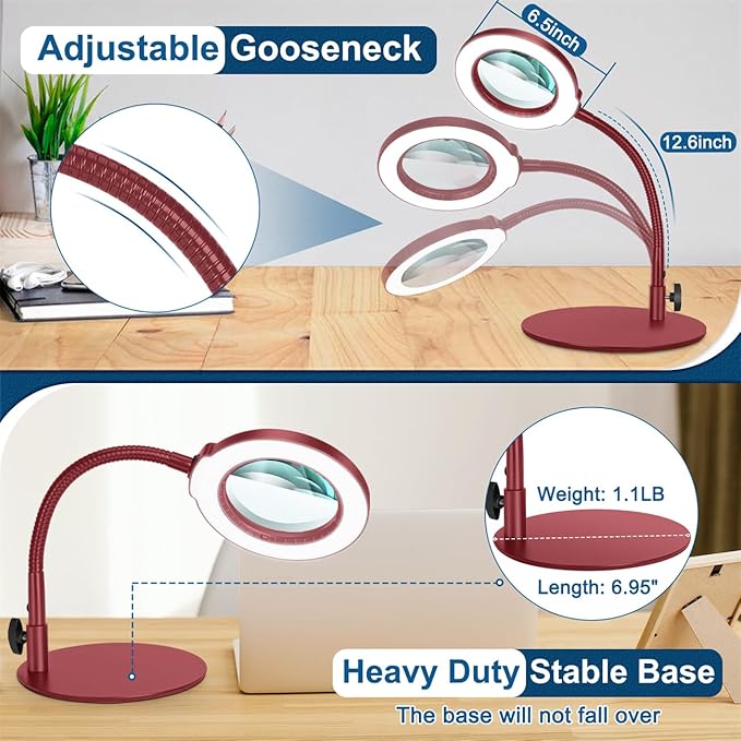 10X Magnifying Glass with Light, Real Glass Lens, 5 Color Modes Dimmable, Flexible Gooseneck Lighted Magnifier with Stand, LED Desk Lamp Hands Free for Crafts Painting Reading Close Work, Red