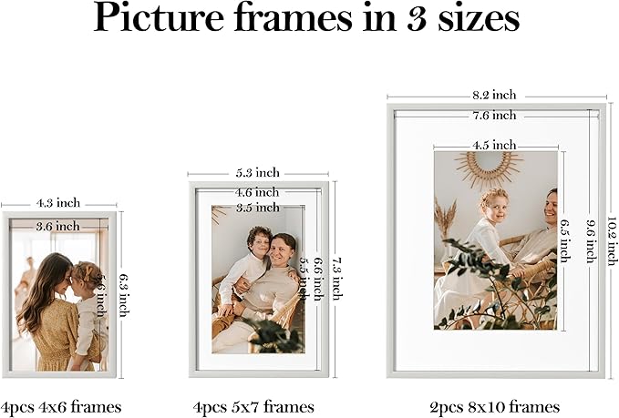 eletecpro Aluminum Gallery Wall Frame Set of 10, Including 2Pcs 8x10, 4Pcs 5x7, 4Pcs 4x6 Photo Frames for Wall or Tabletop Display, Multiple Sizes Picture Frames Collage Wall Decor, Silver