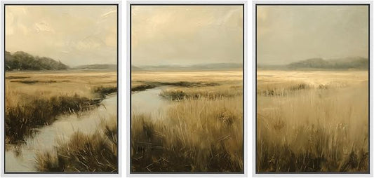 SIGNWIN Framed Canvas Print Wall Art Set Creek Through Golden Grasslands Illustrations Decorative Relax/Calm Zen for Living Room, Bedroom, Office - 16"x24"x3 WHITE