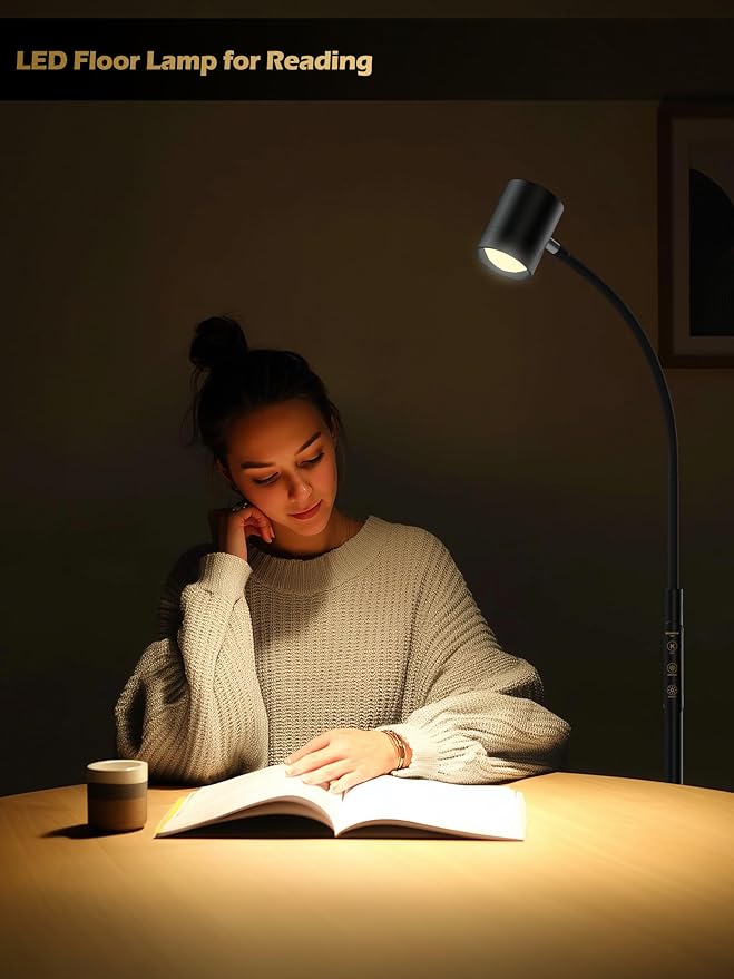 Reading Floor Lamp, 62" Tall LED Floor Lamp, Dimmable Standing Lamp, 7 Brightness & 4 Color Temperature, Adjustable Gooseneck, Touch Control, Task Craft Light for Living Room Bedroom Office,Black