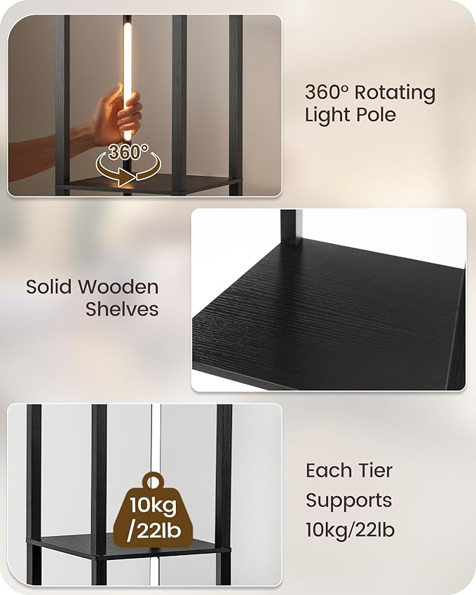 64.2" Display Shelf with Light, Modern Corner Floor Lamp with Shelves, LED Dimmable Standing Lamp with Remote for Living Room, Bedroom, Office, Adjustable CCT, Black Square B51LD05
