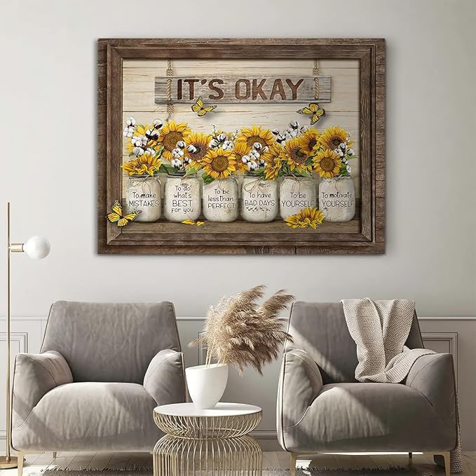 Parylore Sunflower Wall Art Canvas Print Wall Decor It'S Okay Quotes Inspirational Painting Framed Modern Artwork for Living Room Bedroom Bathroom Office Home Decor 12x16 In