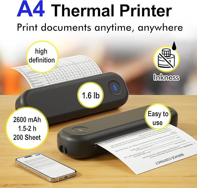 Bluetooth Portable Thermal Printers Wireless for Travel, Inkless Printer Support for 8.5"x11" US Letter & A4 Thermal Paper, Compatible with iOS, Android, Laptop & USB for Office Car Home