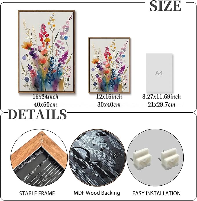 KISSFOX Framed Colorful Wildflower Canvas Wall Art Set Of 3 Flowers Pictures Prints Flowers Printing Floral Watercolors Flower wall Decor Living Room Girls Bedroom Bathroom