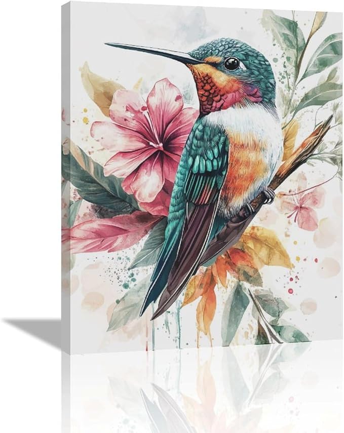 Watercolor Hummingbird Wall Art Country Flower Bird Pictures Wall Decor Colorful Canvas Painting Modern Home Artwork Decorations for Bathroom Bedroom Living Room Office Framed 16"x20"