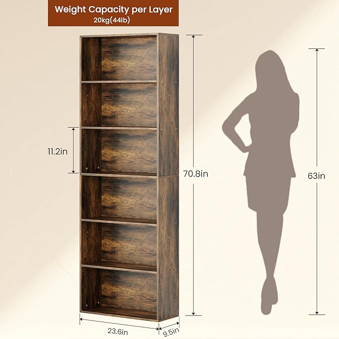 71" Tall 6-Tier Bookshelf, Large Open Display Bookcase with Ample Storage, Floor Standing Book Shelf for Living Room, Home Office, Bed Room, Brown