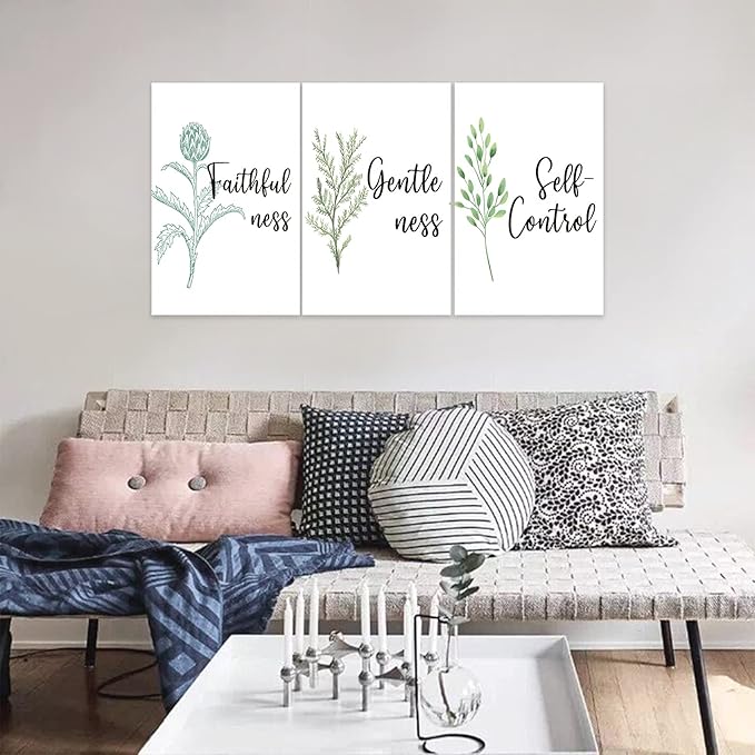 3 Piece Inspirational Wall Art, White Plant Background Picture, Quote "Faithfulness Gentleness Self-control" Canvas Print for Home Decor, Stretched And Framed Artwork for School Wall Decor(72"Wx36" H)