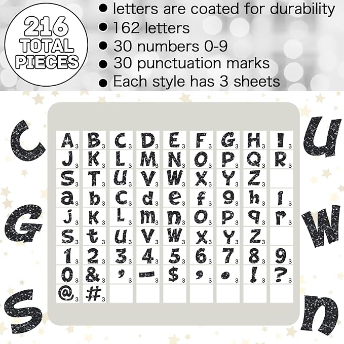 Colarr 216 Pcs Glitter Bulletin Board Letters for Classroom Number Alphabet Punctuation Symbol Cutout 4'' Die-Cut Poster Letter with Adhesive Dot School Party Holiday Decor Display(Black)