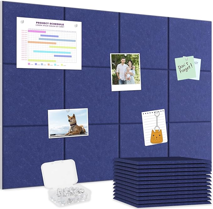 Smarpau Large Cork Board for Walls, 12 Pack Square Bulletin Board, 48"x36" Pin Board with Pushpins Removable Security Stickers, Felt Wall Tiles for Office Home Decoration-Dark Blue