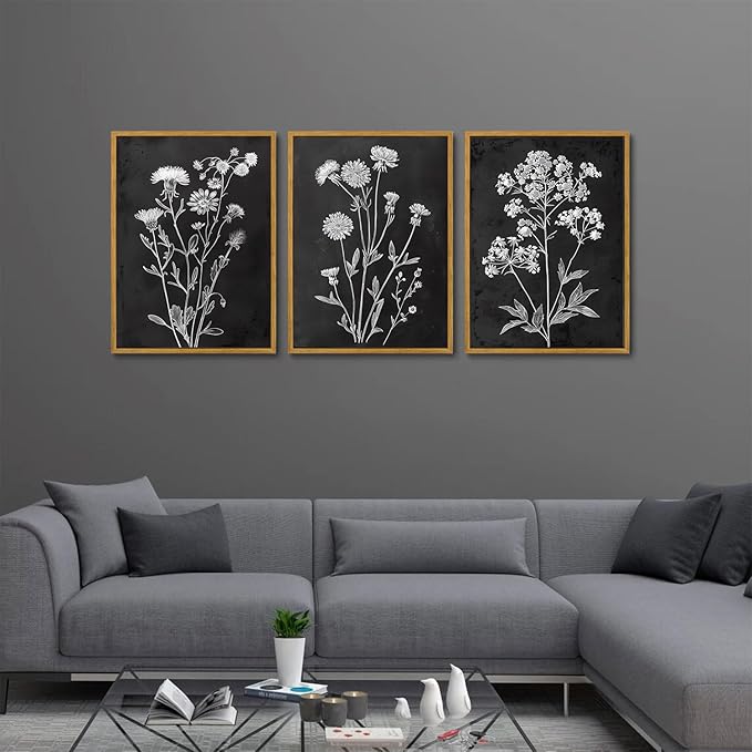 KISSFOX Framed Floral Botanical Canvas Wall Art Vintage Black Background Plant Poster Prints Set of 3 Grey and White Wildflower Painting Modern Farmhouse Decor Pictures Living Room Bathroom Bedroom (Black Floral, 16"x24" Natural Framed)