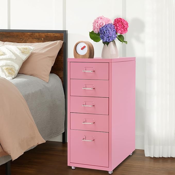 Metal File Storage Cabinet,Side Storage Organizer,Freestanding Storage Unit,Metal Garage Storage Drawer,Storage Cabinet with 5 Drawers and Wheels for Office,Home,School，Pink,11 * 16.1 * 27.1in
