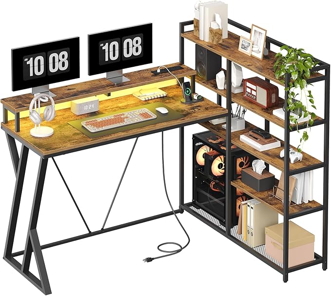 Reversible L Shaped Gaming Desk with Shelves, 52'' L Shaped Computer Desk with Power Outlet and LED Light, Corner Desk with Storage Shelf and Monitor Stand, for Home Office, Rustic Brown