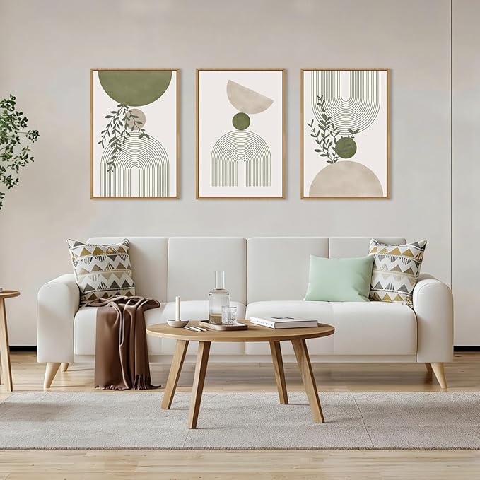 ANHUIB Boho Abstract Wall Art Canvas,Sage Green Wall Decor Framed,Geometric Line Art Prints Leaves,Minimalist Artwork Botanical,3 Piece 24x36In Beige Nature Painting for Living Room Bedroom