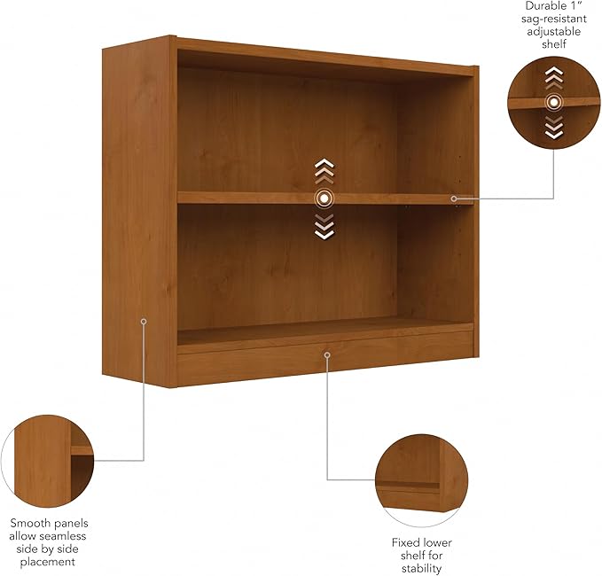 Bush Home Universal Small 2 Shelf Bookcase in Natural Cherry, Low Storage and Display Bookshelf for Home Office or Living Room Organization