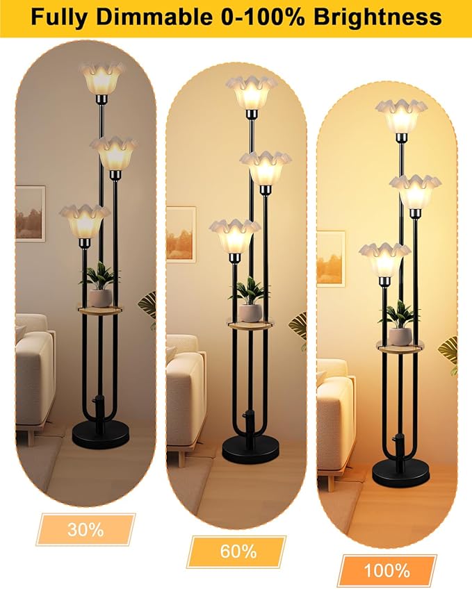Flower Floor Lamp for Living Room, Dimmable Vintage Floor Lamp with Shelf &3 LED Bulbs, 3 Light 3000K Soft Warmwhite Mid Century Black Standing Lamp, Floral Tall Lamp for Bedroom Office