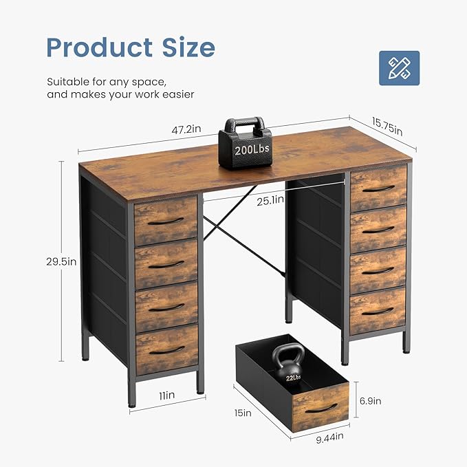 DUMOS 47 Inch Computer Desk with 8 Fabric Drawers, Office Gaming Desk with Storage, Writing Study Table with X-Shaped Reinforced Structure, Rustic Brown