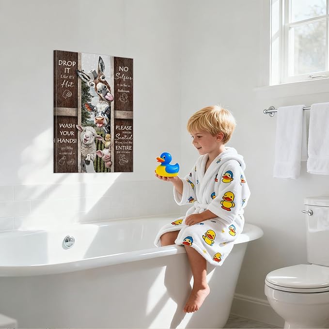 YOUHONG Funny Bathroom Wall Art Funny Decor Bathroom Pictures Wall Decor Quote Canvas Horse Sheep Cow Painting Farmhouse Animal Posters with Built-in Wooden Frame, Lightweight for Room (28x40 Inch)
