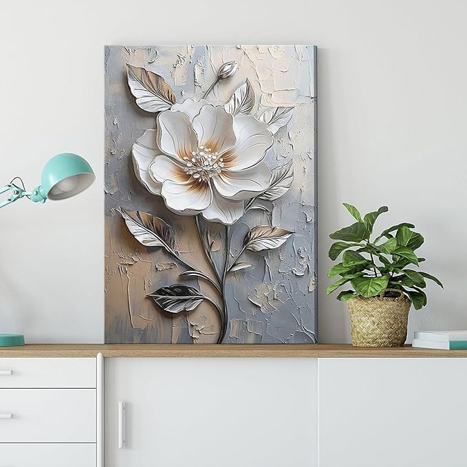 Elegant White Flower Canvas Wall Art Modern Abstract Floral Wall Decor Picture Blooming Flower Poster Print for Office Living Room Bedroom Bathroom Home Decoration 16x24in