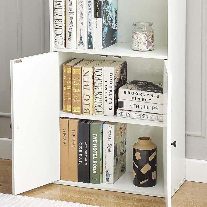 White 4-Tier Bookshelves for Living Room, Farmhouse Tall Bookcase with Doors, Wooden Bookshelf with Storage Cabinet and Shelves for Living Room, Home Office