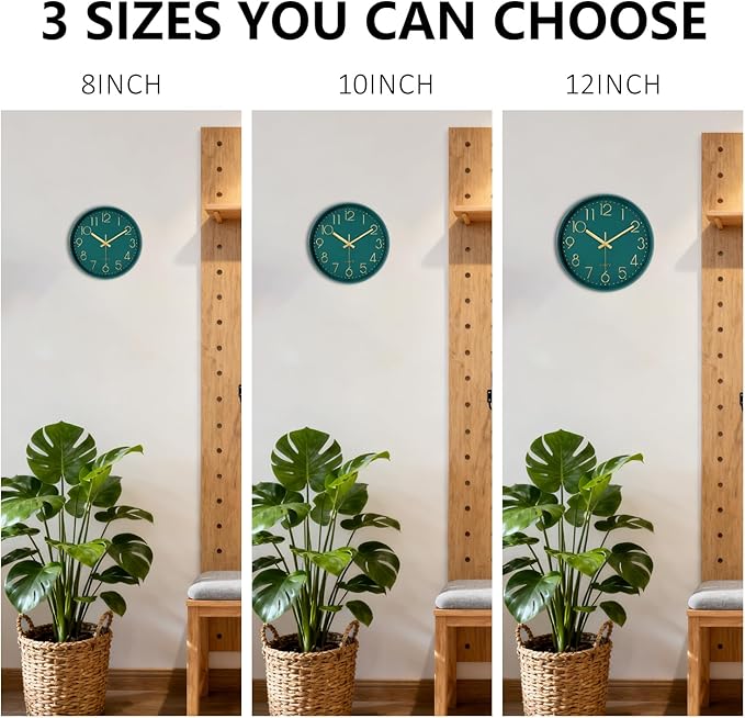 Wall Clock, Silent Wall Clocks Battery Operated 10 Inch- Modern Non Ticking Analog Clock with Large Numerals Tempered Glass Clocks for Bedroom Living Room Kitchen Office Decor, Dark Green
