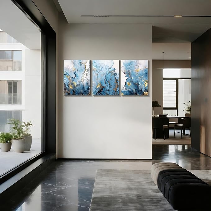SERIMINO Blue Abstract Canvas Wall Art for Living Room, Navy and Gold Fluid Marble Wall Decor for Bedroom, Bathroom, Office, Home Decor, Set of 3 Print Painting, 20"X28"