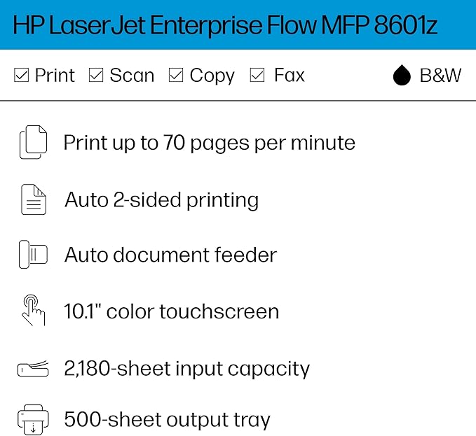 HP Laserjet Enterprise Flow 8601z Multifunction Monochrome Printer, Scanner, Copier, Duplex, Best for Office (9S185A)