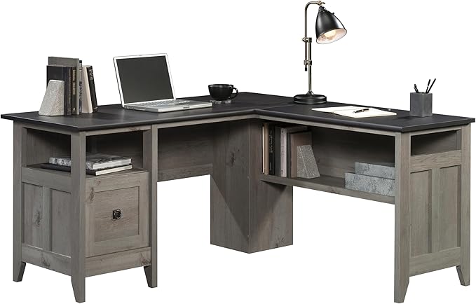 Sauder August Hill L-Shaped Home Office Desk, Farmhouse Corner Desk with File Drawer, Cable Management, Mystic Oak Finish