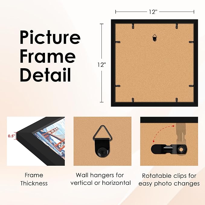 FIXSMITH 12x12 Picture Frame Set of 2, Photo Frame with HD Plexiglass, Display Pictures 8x8 with Mat or 12x12 Without Mat, Black Picture Frames Collage Wall Decor, Gallary Wall Frame