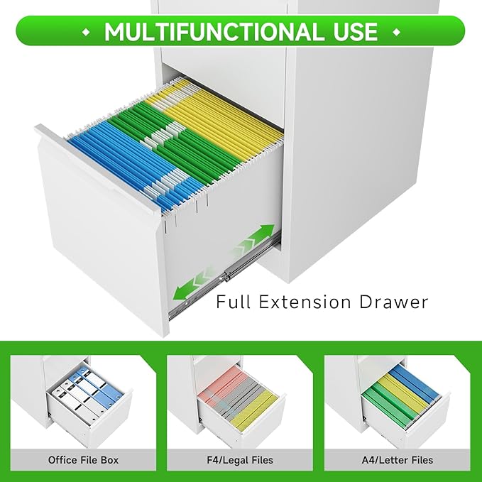 2 Drawer File Cabinet with Lock, Heavy Duty Steel Under Desk Vertical Filing Cabinet for Home Office Use, Printer Stand with Drawers, for A4/Letter-Size Files, Easy to Assemble,White