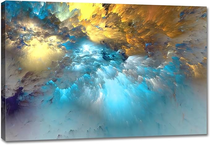 Golden Canvas Wall Art Blue Modern Abstract Painting Prints Colorful Smoke Billowing on White Background Framed Energetic Artwork Pictures for Living Room Bedroom Hallway Wall Decoration 30x20in