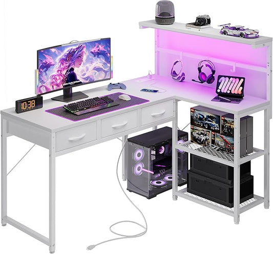 Grandder 50 Inch L Shaped Gaming Desk with 3 Drawers & Storage Shelves & Hutch, Computer Desk with USB Ports, Study Writing Table for Bedroom, Simple Modern Laptop Desk for Home Office, White