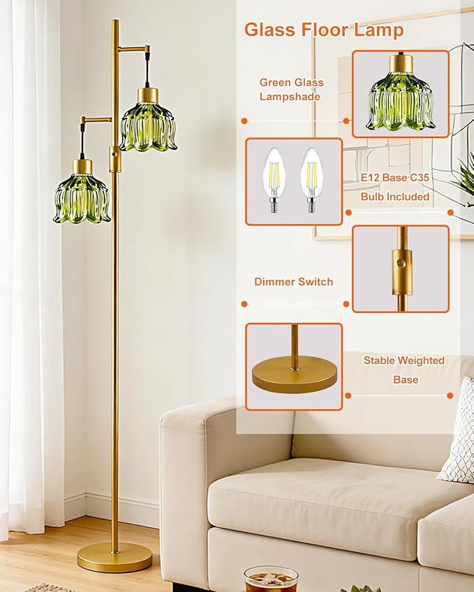 2-Light Gold Floor Lamp for Living Room, 65IN Tall Standing Lamps Dimmable with Green Glass Lampshade, 3000K Warmwhite Mid Century Modern Floor Lamp for Bedroom/Office/Corner/Sofa Beside