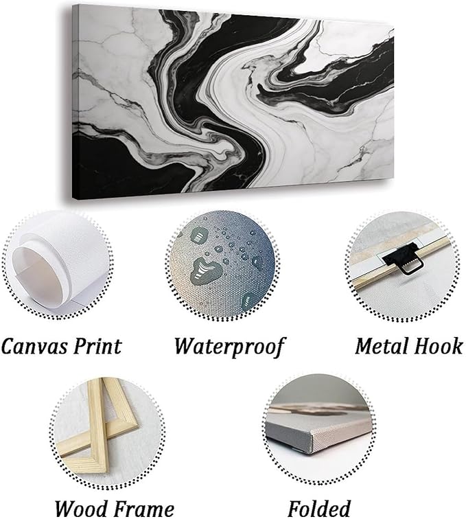 Black White Abstract Marble Framed Canvas Wall Art for Living Room, Modern Wall Decor 32" L x 16" W