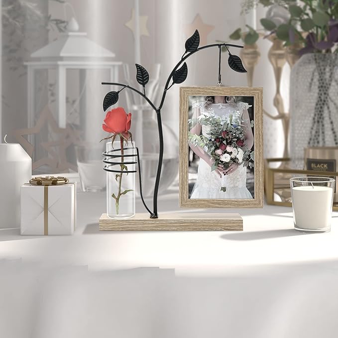Sapowerntus 4x6 Picture Frames, Rustic Family Desk Photo Frame, Flowers Plants Floating Double-Sided Glass Vase Office Tabletop Standing Decor, Mother Wedding Cute Dog Unique Gift