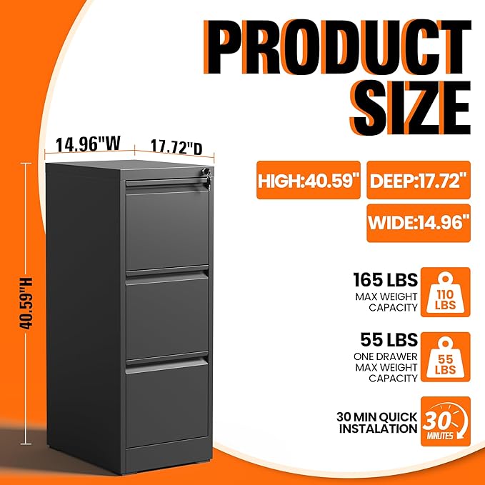 3 Drawer File Cabinet with Lock, Metal Filing Cabinet for Home Office, Vertical File Cabinet for Letter/Legal/A4/F4 Documents, Easy to Assemble Steel Storage Cabinet