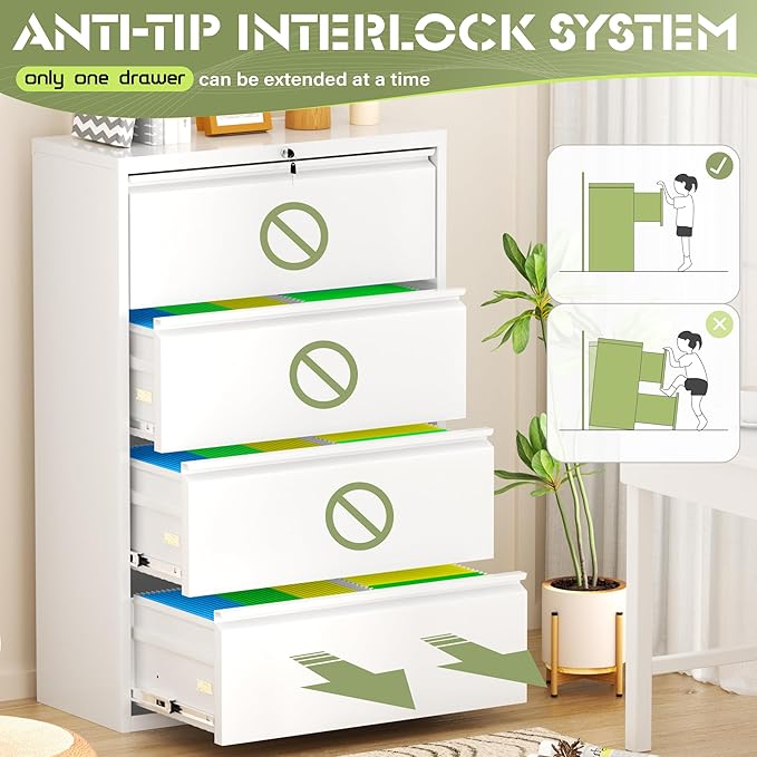 Oakcloud 4 Drawer File Cabinet for Home Office, Filing Cabinet with Lock, Metal Vertical File Storage Cabinet for A4/F4/Letter/Legal Size, Easy Assemble (36“-White)