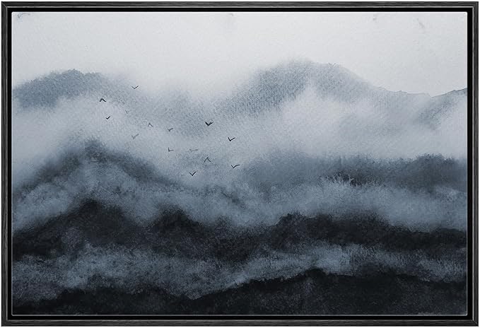 MUDECOR Framed Canvas Print Wall Art Peaceful Mountain Mist with Flying Birds Soft Watercolor Landscape Illustrations Minimalism Decorative Relax for Living Room, Bedroom, Office - 24"x36" BLACK