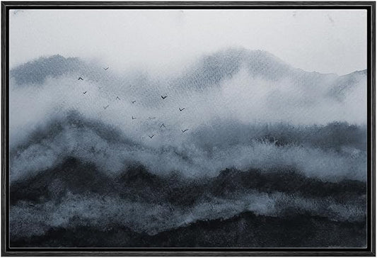 MUDECOR Framed Canvas Print Wall Art Peaceful Mountain Mist with Flying Birds Soft Watercolor Landscape Illustrations Minimalism Decorative Relax for Living Room, Bedroom, Office - 24"x36" BLACK