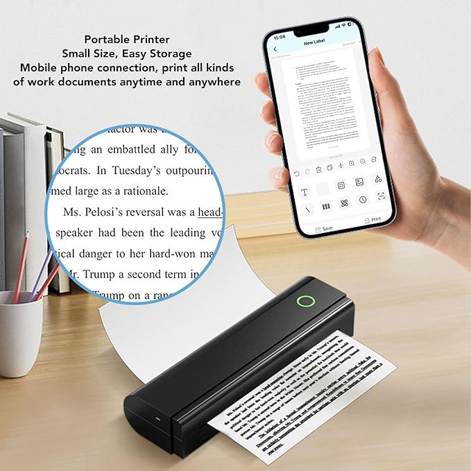 Hilitand Portable Inkless Printer, Compact Cordless Thermal Printer with USB Connection 203DPI Accuracy Inkless Thermal Printing for Home Travel Office Use