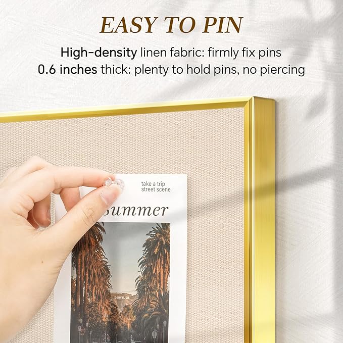 Linen Bulletin Board 24 x 18 Inches, White Cork Board for Wall, Gold Aluminum Framed Fabric Pin Board Tack Board, 10 Push Pins, Beige
