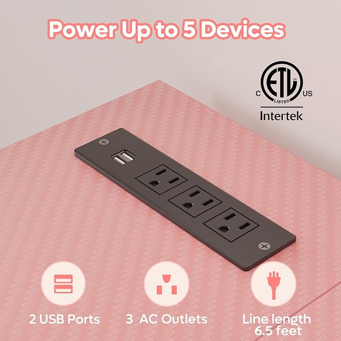 Bestier 52" Gaming Desk with Integrated Power Outlet & USB Ports, L-Shaped Computer Desk with LED Strip & Headphone Hooks, Perfect for Home Office Pink