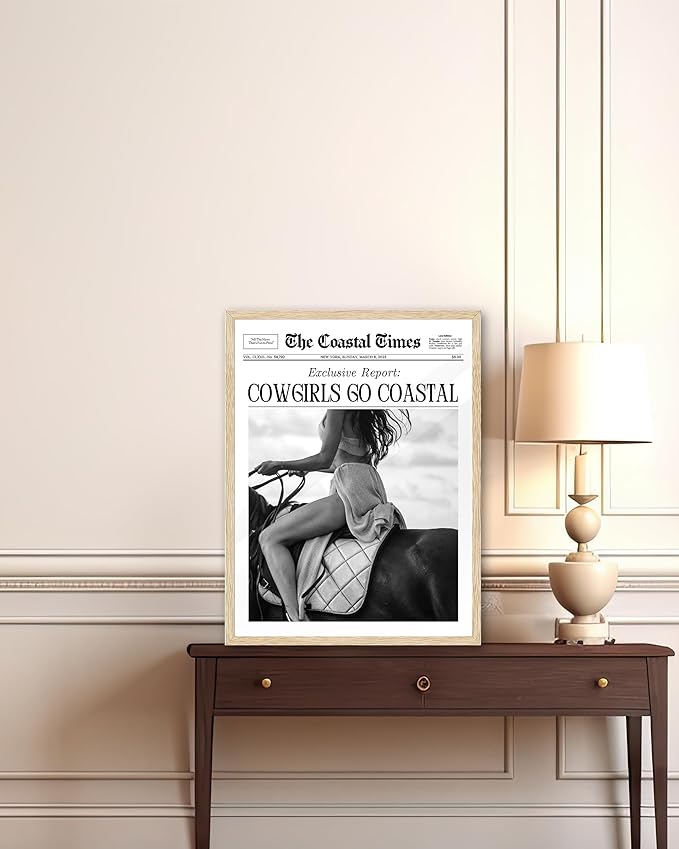 iHery Unframed Trendy Coastal Cowgirl NewsPaper Wall Art Prints,12x16in Black Canvas Wall Art Prints, New York News,Western Wall Art Vintage Bar Cart,Dorm Retro Surfing for Living Home Décor 1Pack