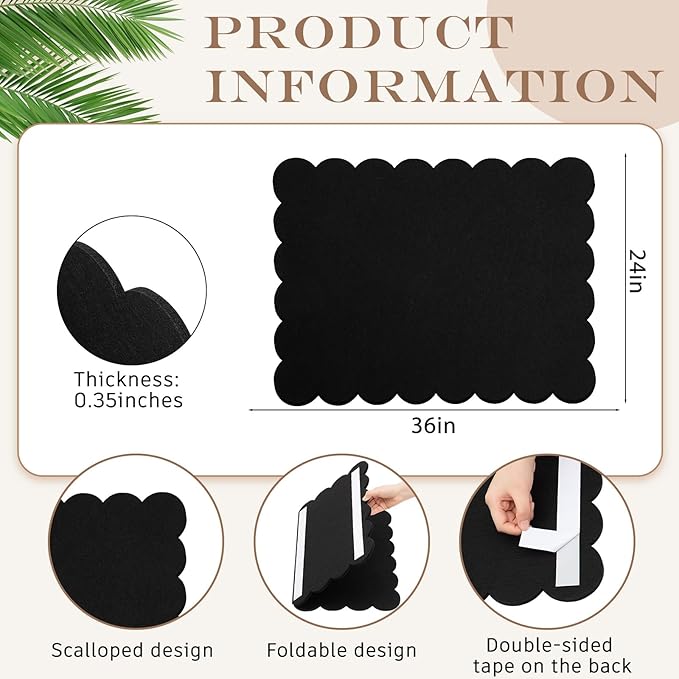 Scalloped Felt Bulletin Board 36 x 24 Inches Foldable Black Pin Cork Board Alternative for Wall, 3' x 2' Trifold Picture Vision Self Adhesive Bulletin Decorative