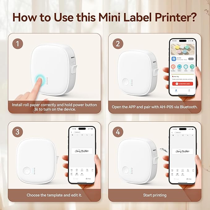 Mini Label Maker Machine with Tape, Bluetooth Label Printer, Portable Wireless Thermal Label Maker, Waterproof & Rechargeable, Compatible App for Kitchen, Office, School, Home
