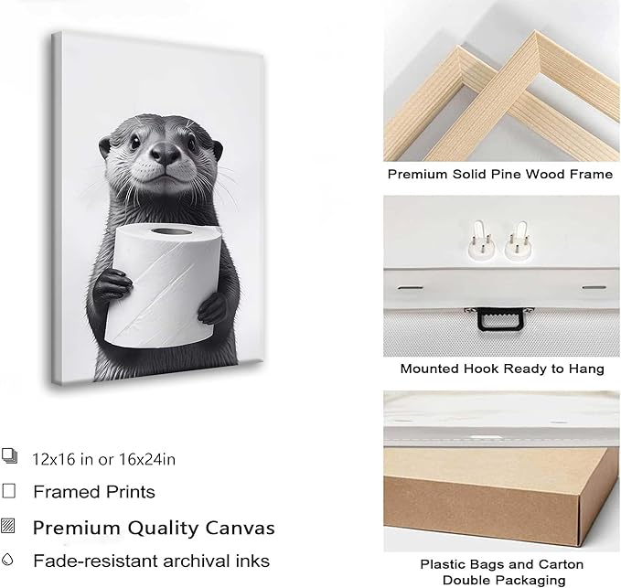 Bathroom Animal Canvas Wall Art Funny Raccoon Wall Decor Black and White Otter Print Picture Farmhouse Bathroom Painting for Restroom Decoration Framed