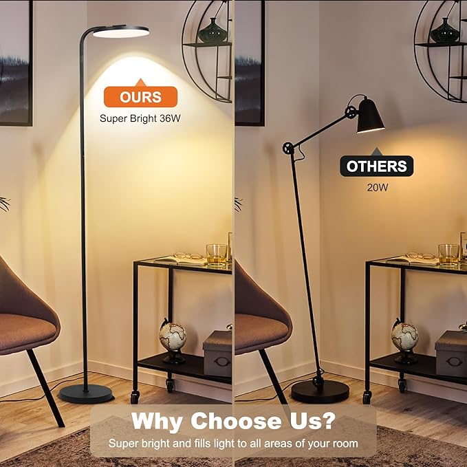 LED Floor Lamp – 36W Super Bright Standing Lamp with Remote & Touch Control, 350° Adjustable Head, Stepless Dimming & Color Temperature (3000K–6000K), Eye-Caring Light for Living Room, Bedroom, Office