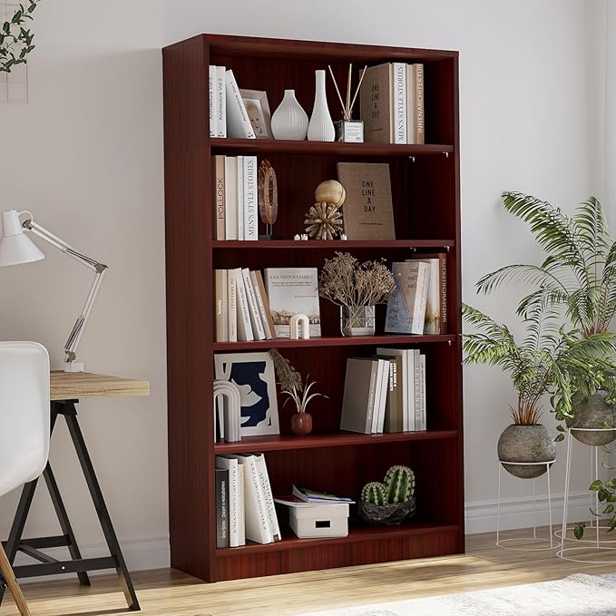 Bookcase Adjustable Storage Shelves,5-Tier Modern Wood Bookcase for Bedroom,60-Inch Bookshelf, Office, Living Room & Library(Cherry)