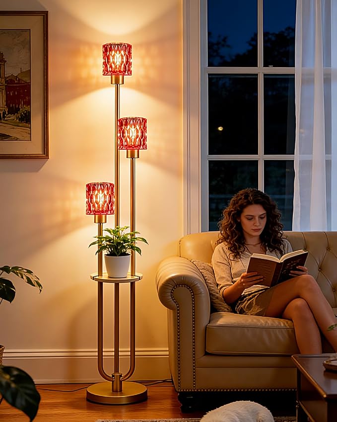 Lightdot 3-Lights Glass Floor Lamp for Living Room Modern Gold Floor Lamp with Rose Red Glass Shade for Wedding/Party Farmhouse Tall Standing Lamp for Bedroom/Sofa Beside/Corner Decor